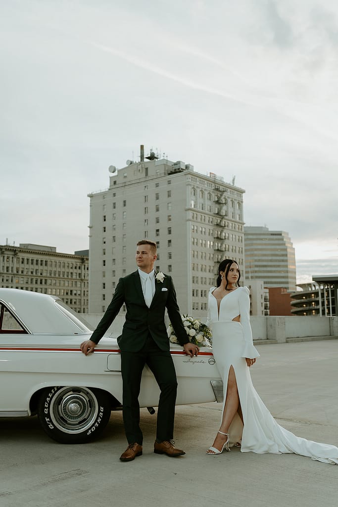 bride and groom on hotel rooftop in Spokane, WA