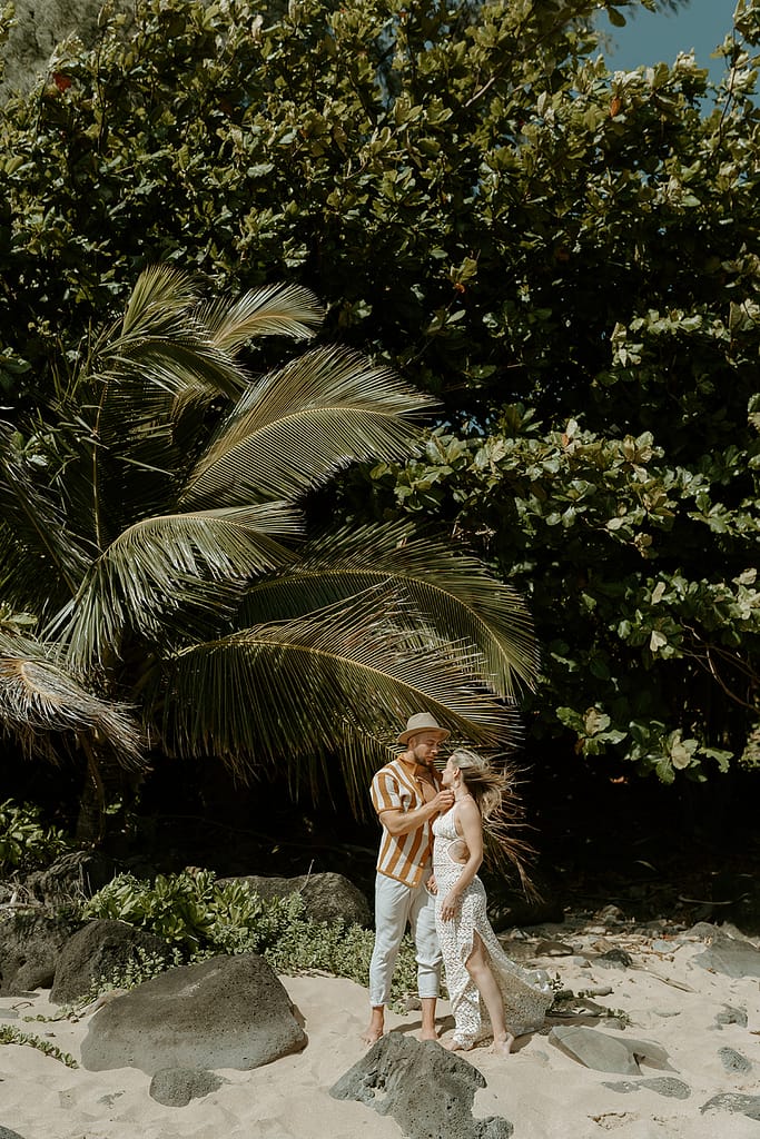 Newlyweds enjoying the serene atmosphere of their elopement in Kauai.
